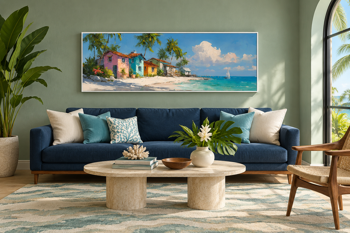 Nassau Bahamas beach long horizontal wall art featuring colorful houses and a tropical ocean scene.