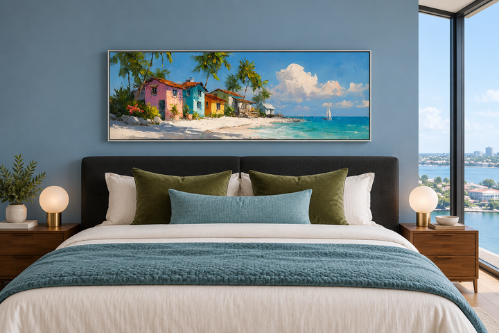 Nassau Bahamas beach long horizontal wall art above a bed in a modern blue bedroom.