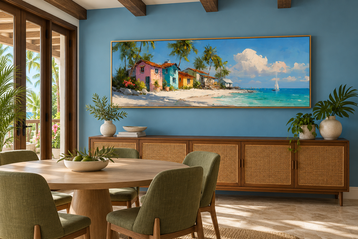 Nassau Bahamas beach long horizontal wall art featuring colorful houses and a tropical coastline.