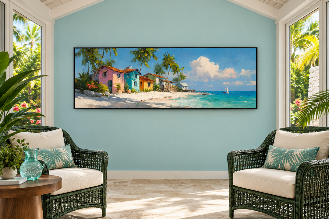 Nassau Bahamas beach long horizontal wall art featuring colorful houses and a tropical ocean scene.