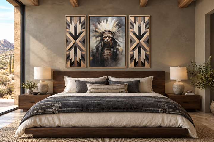Set of 3 rustic canvas prints with an Aztec Chief portrait and two geometric wood-style panels.
