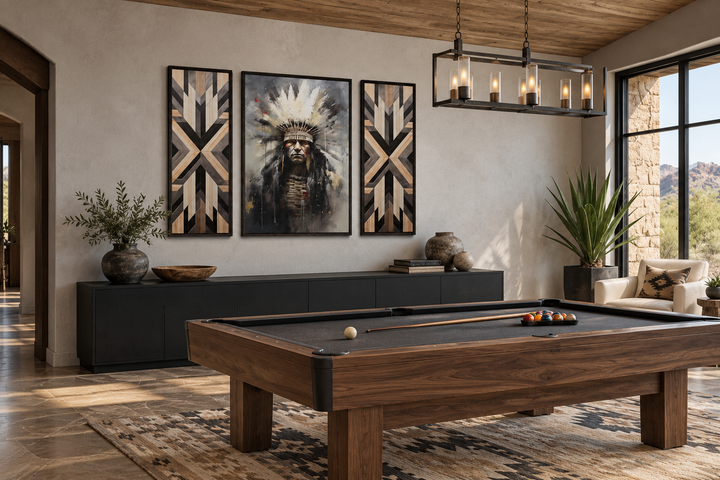 Three-piece Aztec wall art set with a central chief portrait and two geometric wood-style panels.