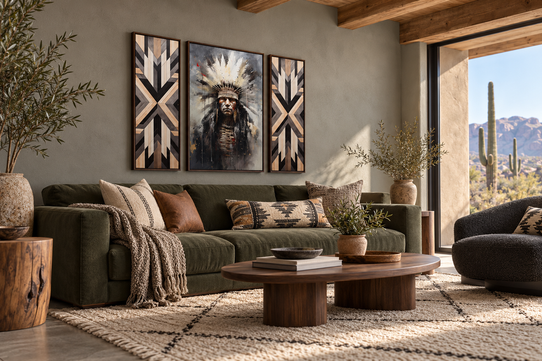 Set of 3 rustic canvas prints with an Aztec Chief portrait and two geometric wood-style panels.