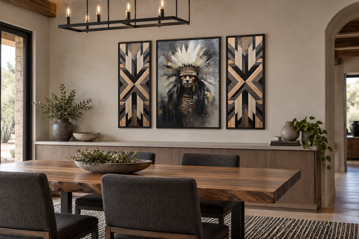 Set of 3 rustic canvas prints with an Aztec Chief portrait and two geometric wood-style panels.