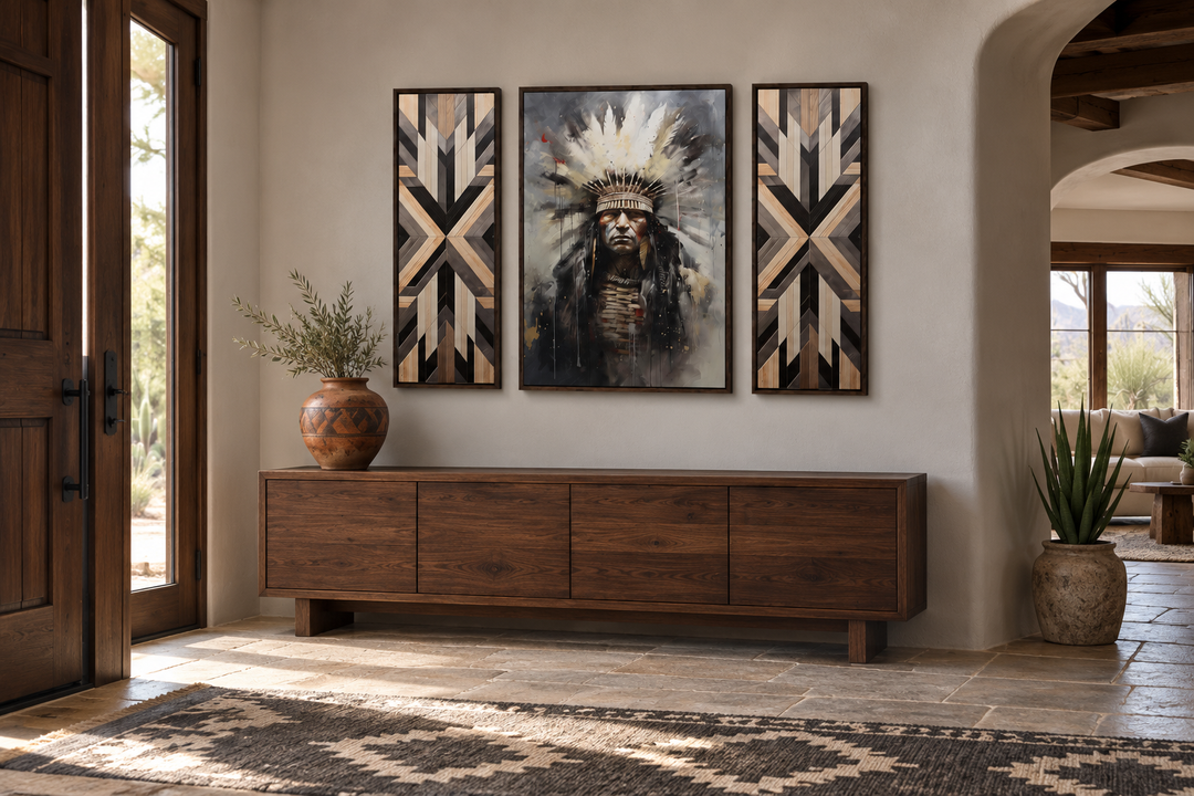 Set of 3 Aztec wall art prints with a central chief portrait and two geometric wood-style panels.