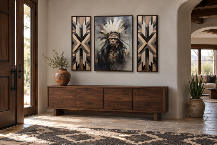 Set of 3 Aztec wall art prints with a central chief portrait and two geometric wood-style panels.