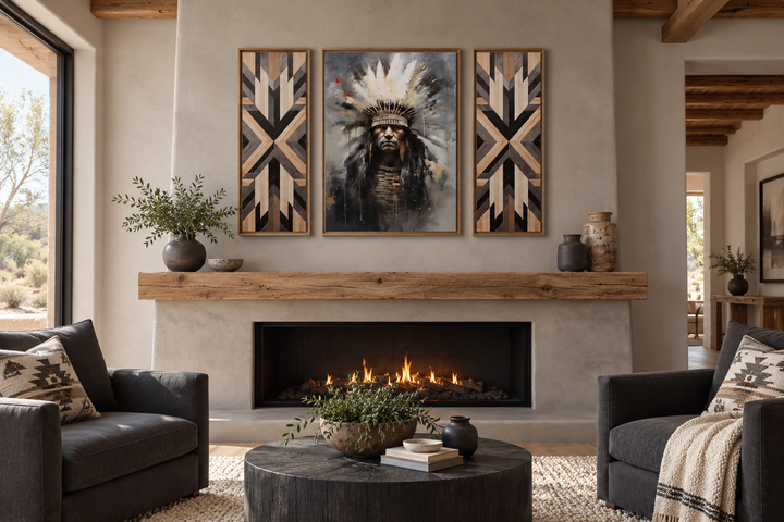 Set of 3 rustic canvas prints featuring an Aztec Chief portrait and geometric wood-style panels.