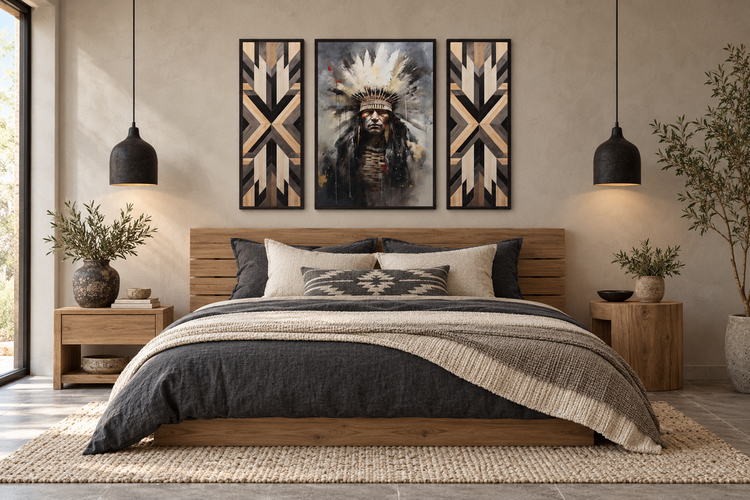 Three-piece Aztec wall art set with a central chief portrait and two geometric wood-style panels.