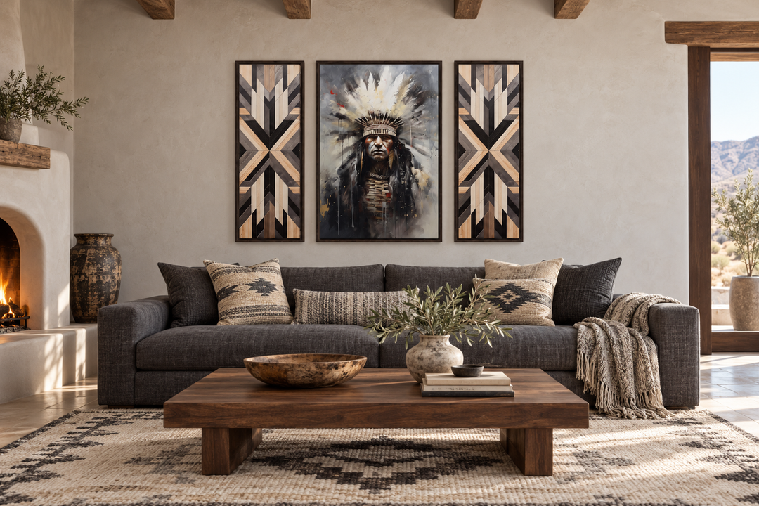 Set of 3 rustic canvas prints with an Aztec Chief portrait and two geometric wood-pattern panels.