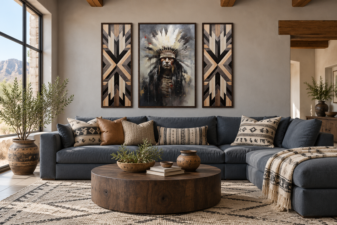 Set of 3 rustic canvas prints featuring an Aztec Chief portrait and geometric wood-style panels.