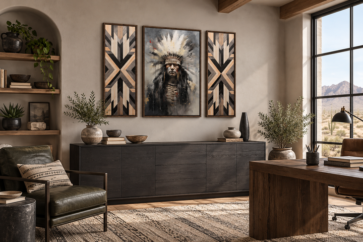 Set of 3 Aztec wall art prints with a central chief portrait and two geometric wood-style panels.