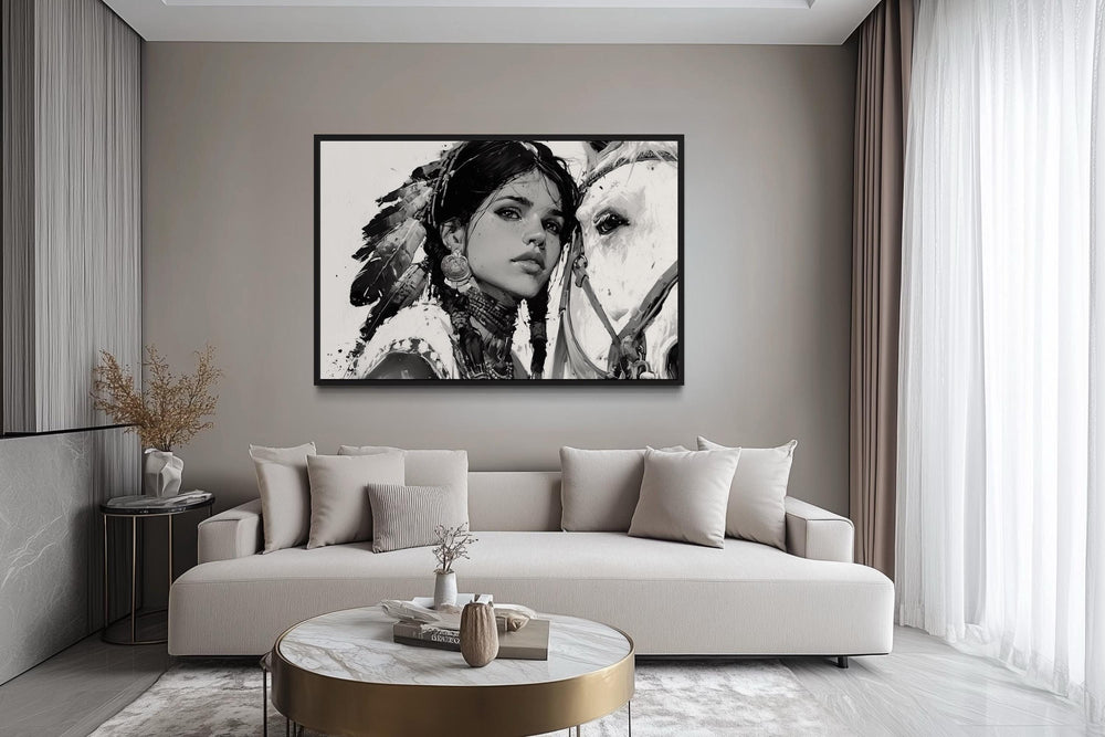 Native American Girl And Her White Horse Wall Art