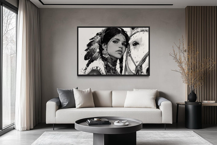 Native American Girl And Her White Horse Wall Art