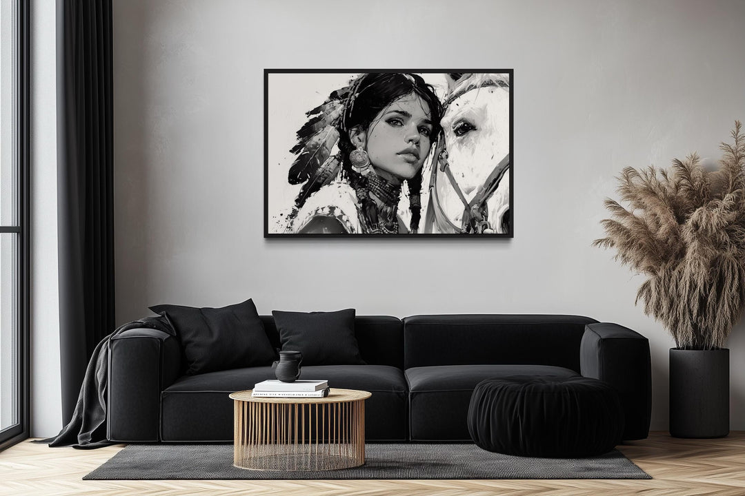 Native American Girl And Her White Horse Wall Art