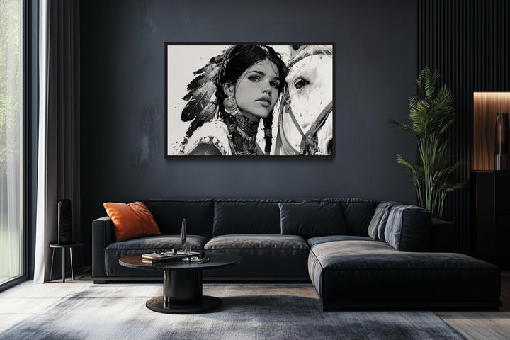 Native American Girl And Her White Horse Wall Art