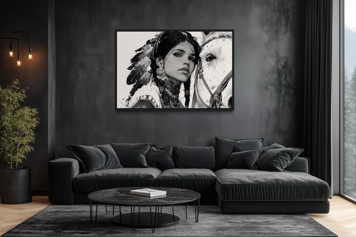 Native American Girl And Her White Horse Wall Art