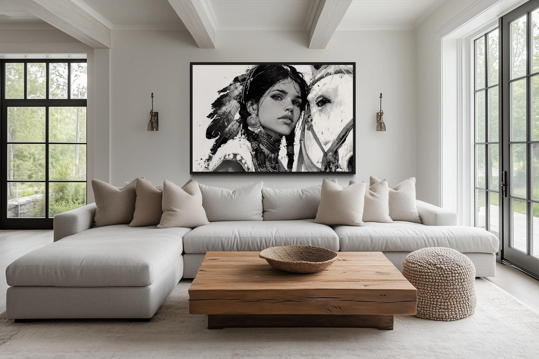 Native American Girl And Her White Horse Wall Art