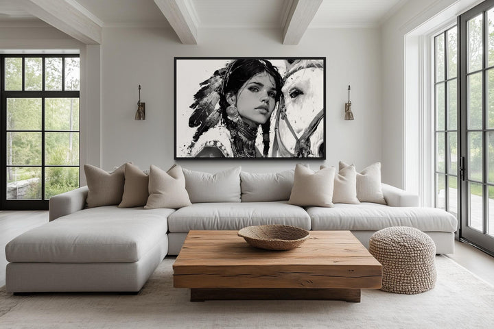 Native American Girl And Her White Horse Wall Art