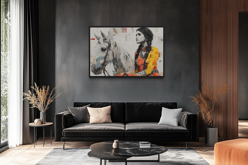 Native American Woman And White Horse Framed Canvas Wall Art