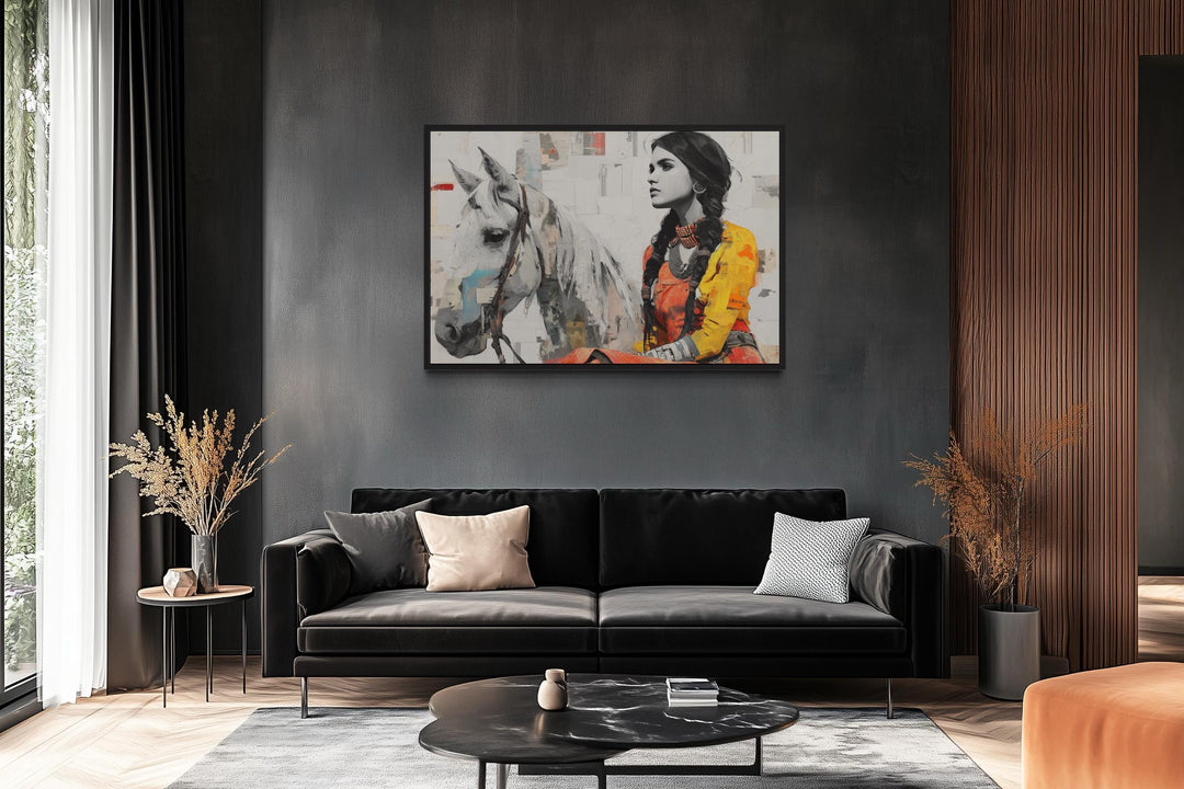 Native American Woman And White Horse Framed Canvas Wall Art