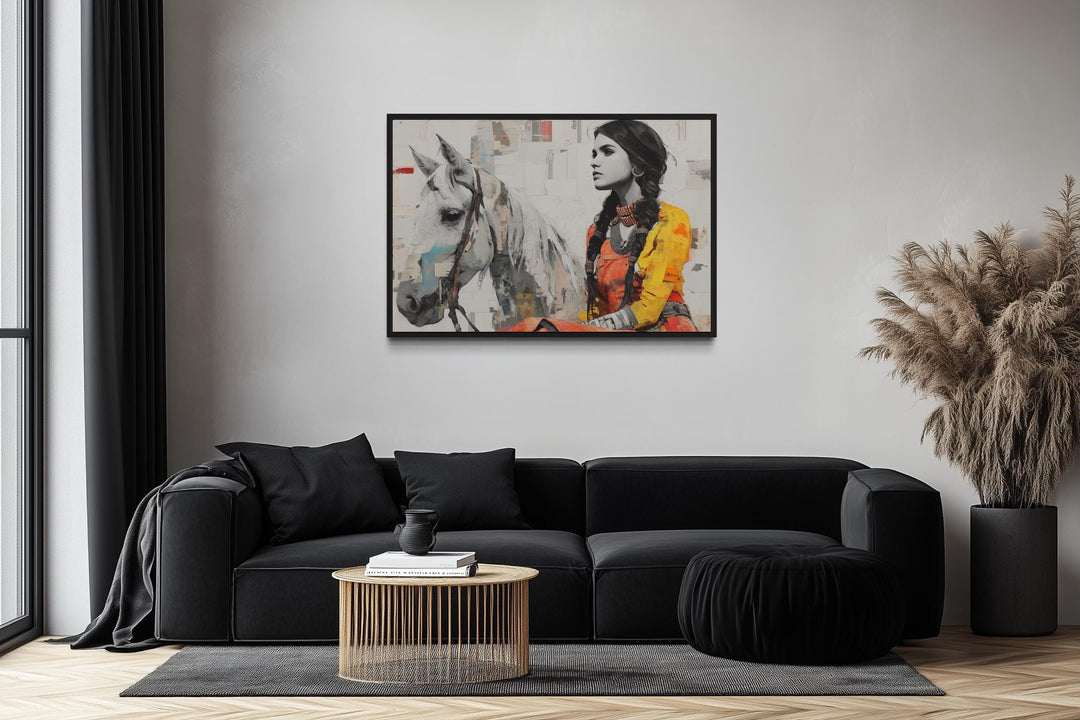 Native American Woman And White Horse Framed Canvas Wall Art