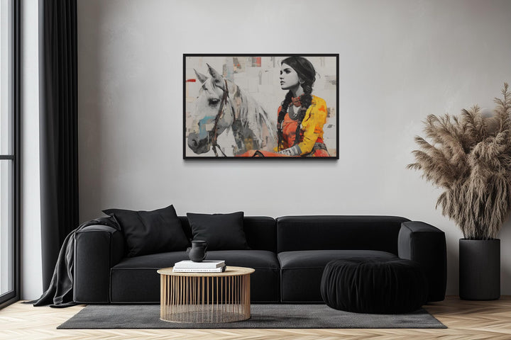 Native American Woman And White Horse Framed Canvas Wall Art