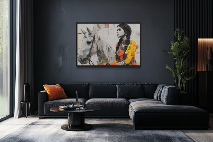 Native American Woman And White Horse Framed Canvas Wall Art