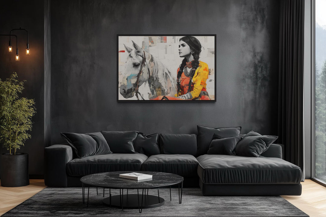 Native American Woman And White Horse Framed Canvas Wall Art