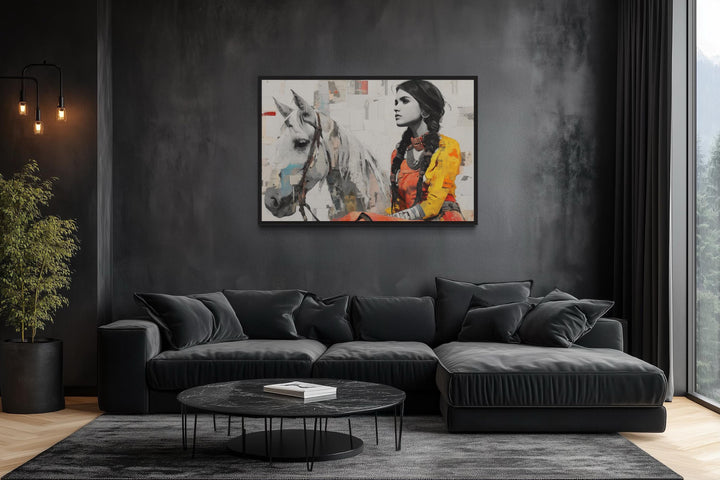Native American Woman And White Horse Framed Canvas Wall Art