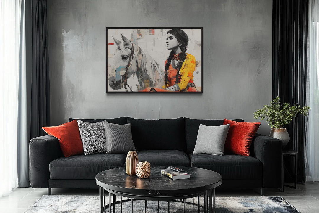 Native American Woman And White Horse Framed Canvas Wall Art