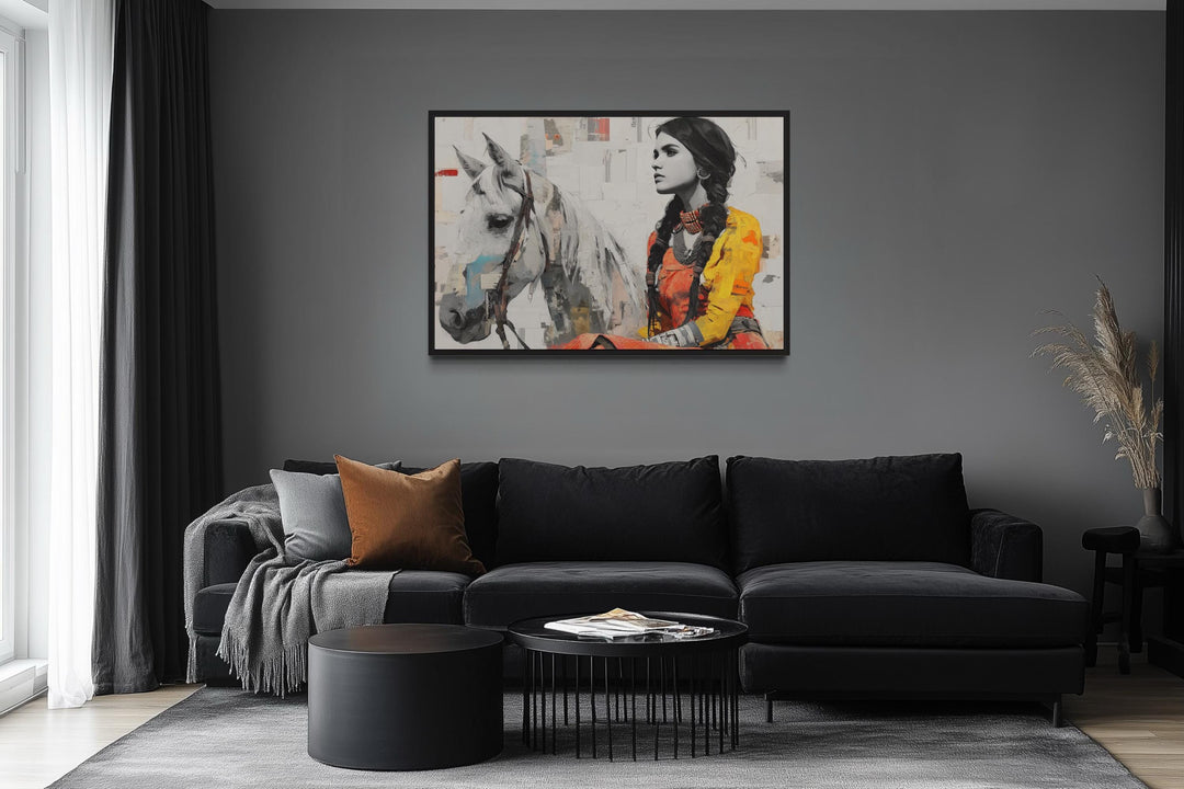 Native American Woman And White Horse Framed Canvas Wall Art