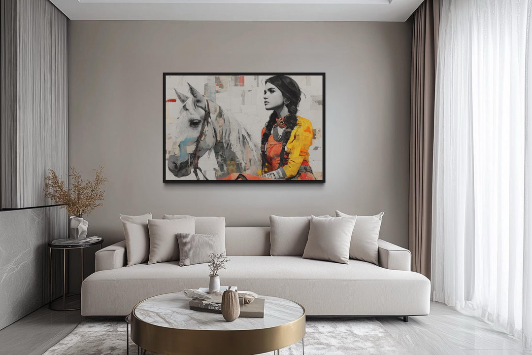 Native American Woman And White Horse Framed Canvas Wall Art