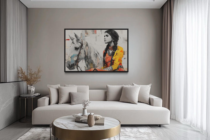 Native American Woman And White Horse Framed Canvas Wall Art
