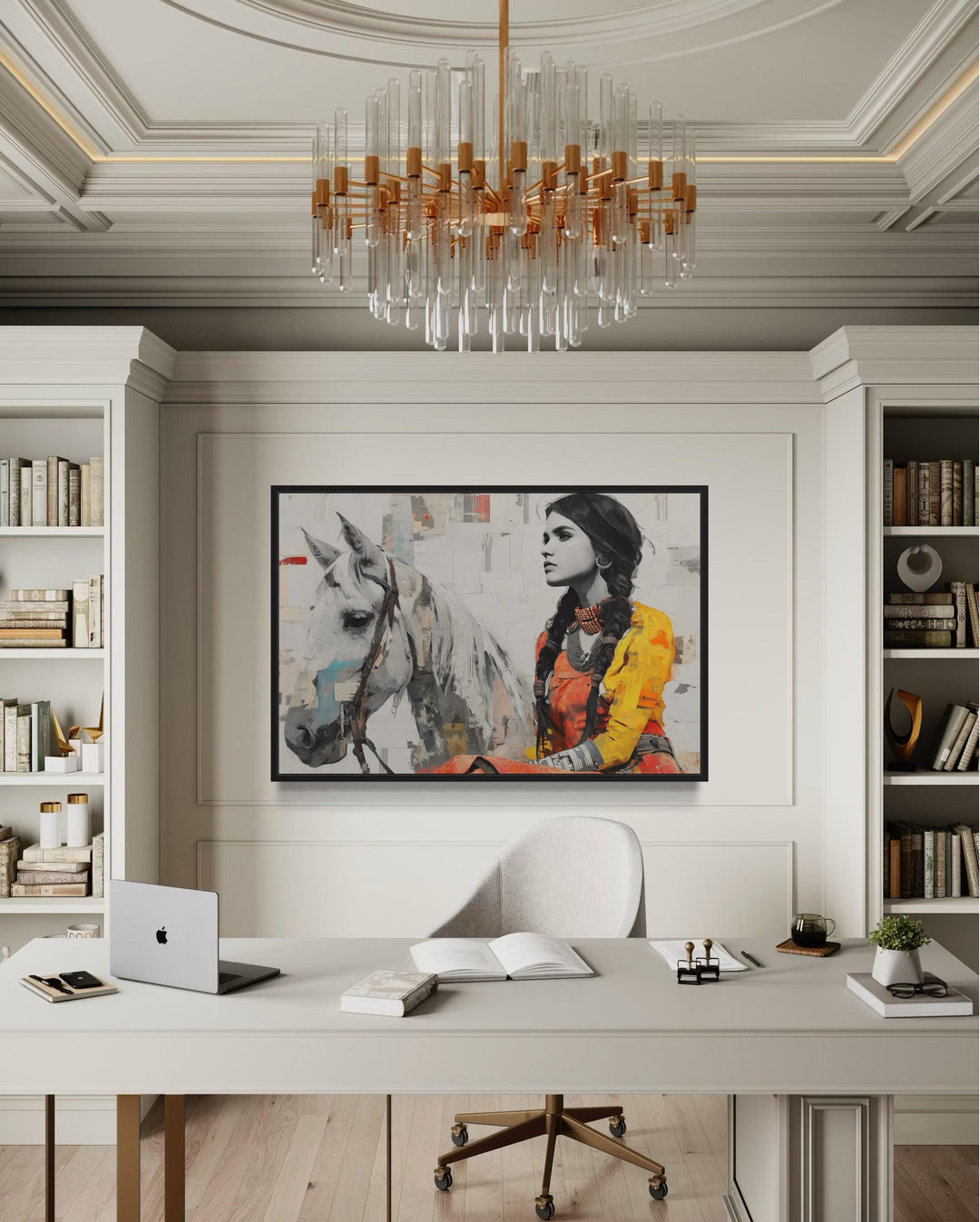 Native American Woman And White Horse Framed Canvas Wall Art