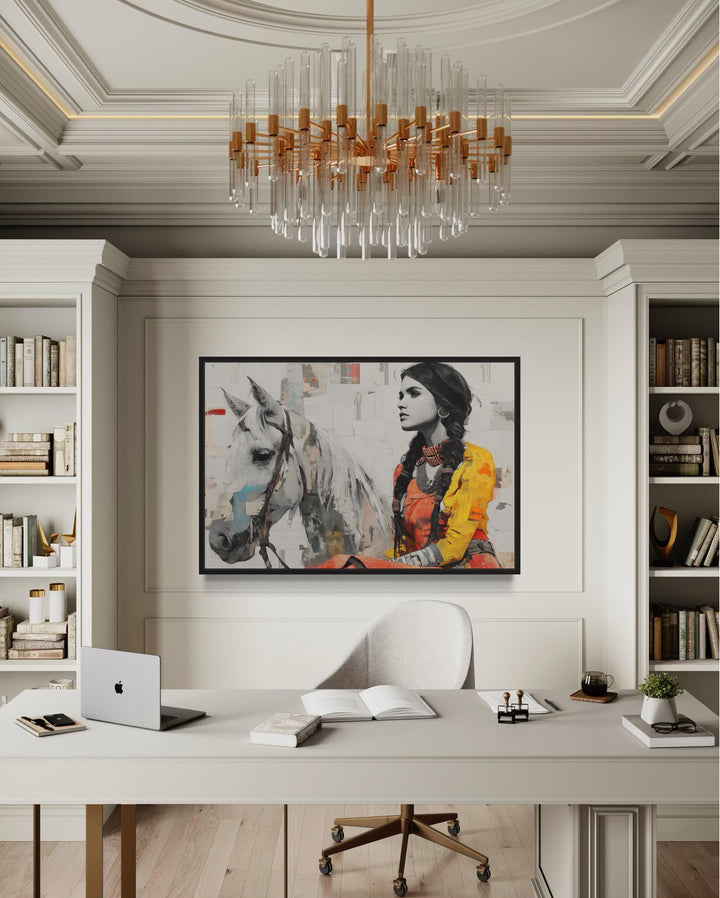 Native American Woman And White Horse Framed Canvas Wall Art