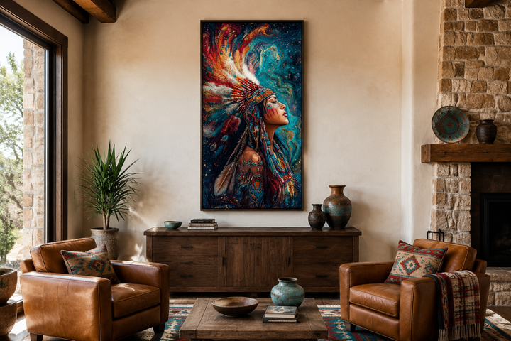 Vertical framed canvas art of a Native American woman in a vibrant headdress above a wooden console.