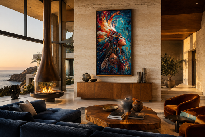 Tall vertical wall art of a Native American woman in a vibrant headdress in a modern living room.