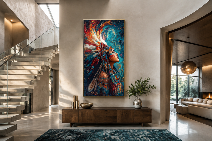 Vertical framed canvas art of an Indigenous woman in a vibrant headdress above a wooden sideboard.