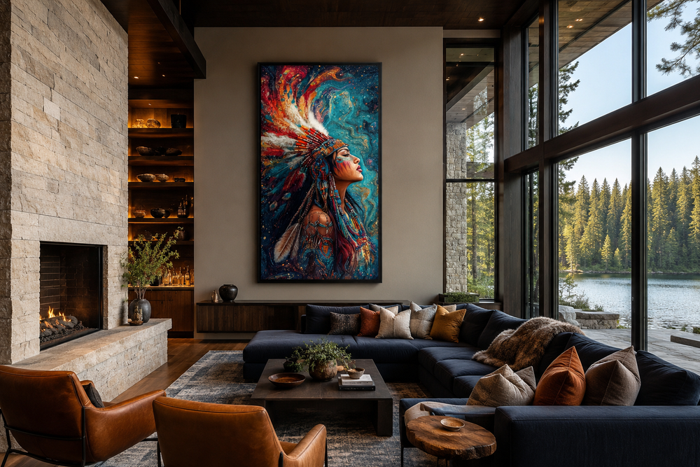 Vertical framed canvas of a Native American woman in vibrant headdress in a modern living room.