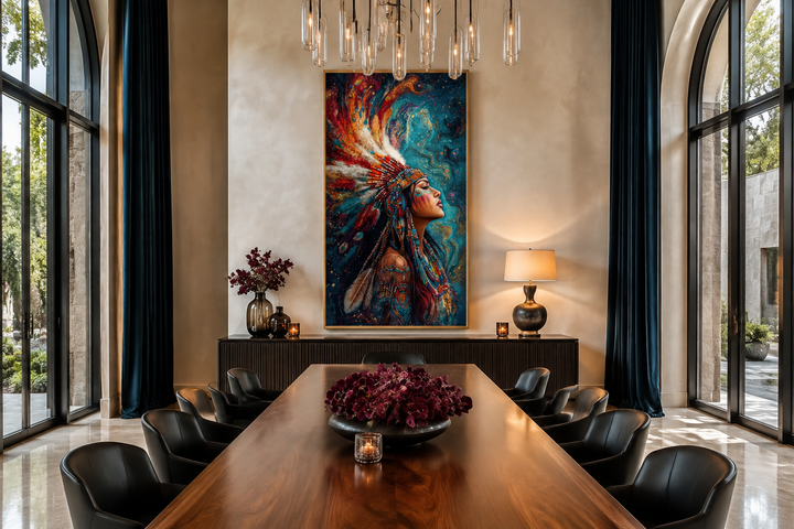 Vertical canvas art of an Indigenous woman in a headdress, hung in a modern dining room.