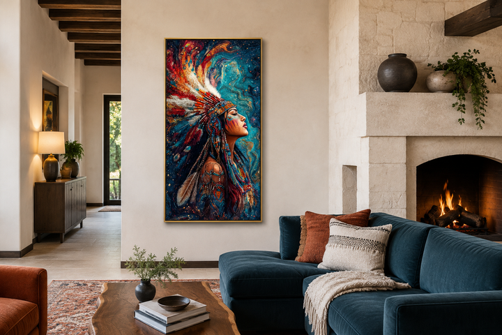 Vertical framed wall art of a Native American woman in a vibrant, colorful headdress.