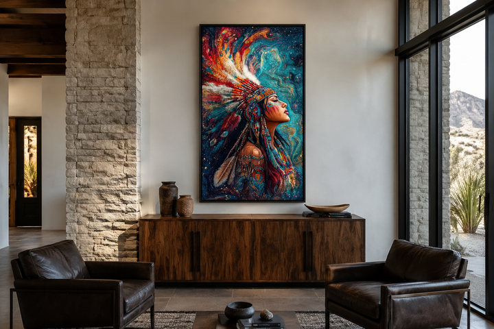 Vertical framed wall art of a Native American woman in a vibrant headdress above a wooden sideboard.