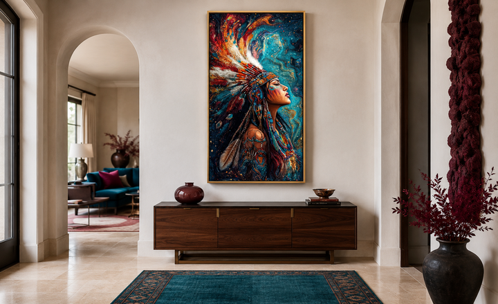 Vertical framed wall art of a Native American woman in a vibrant, colorful headdress.