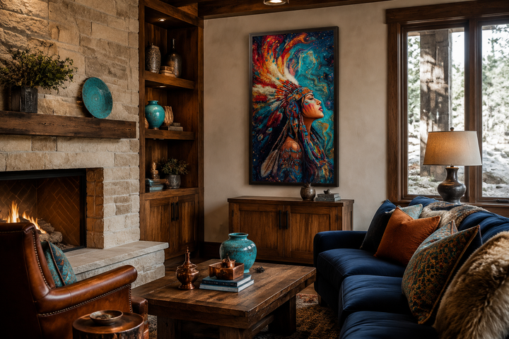 Vibrant vertical canvas art of an Indigenous woman in traditional attire, framed in a rustic room.