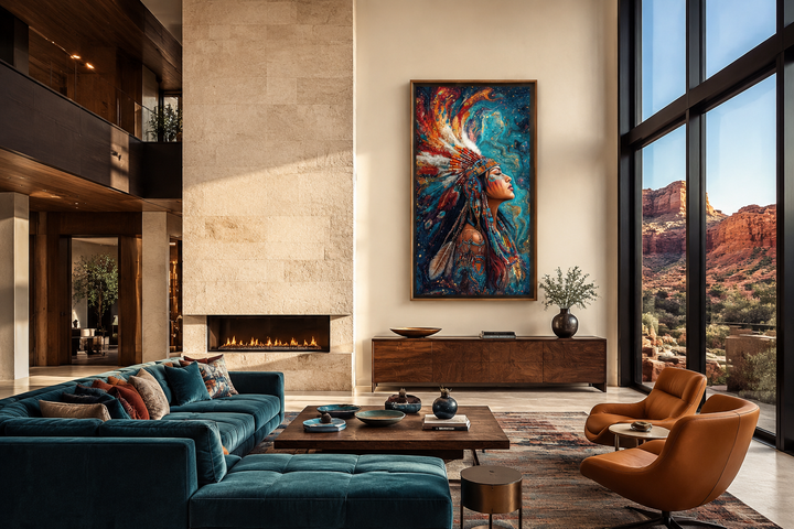 Vertical framed canvas of a Native American woman in a vibrant headdress in a modern living room.