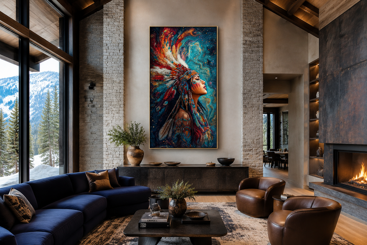 Vertical framed wall art of a Native American woman in a vibrant, colorful headdress.