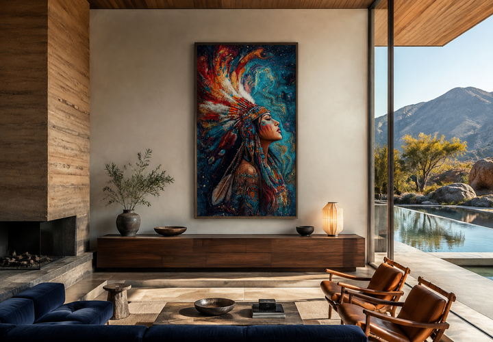 Vertical framed wall art of a Native American woman in a colorful headdress in a modern living room.
