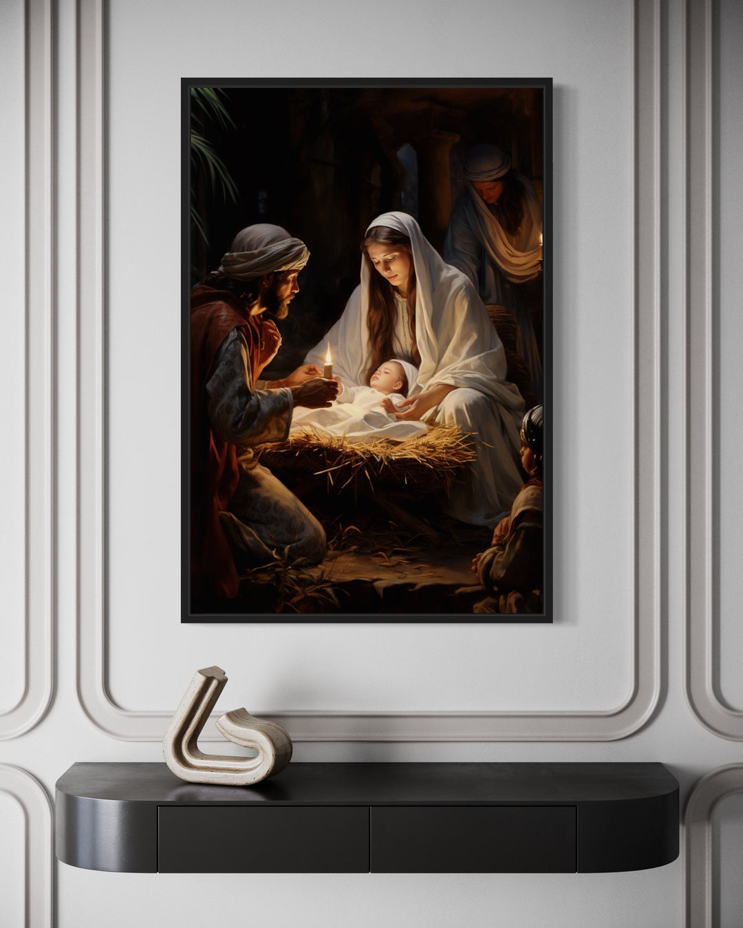 Framed canvas wall art depicting the Nativity scene with Mary, Joseph, and baby Jesus.