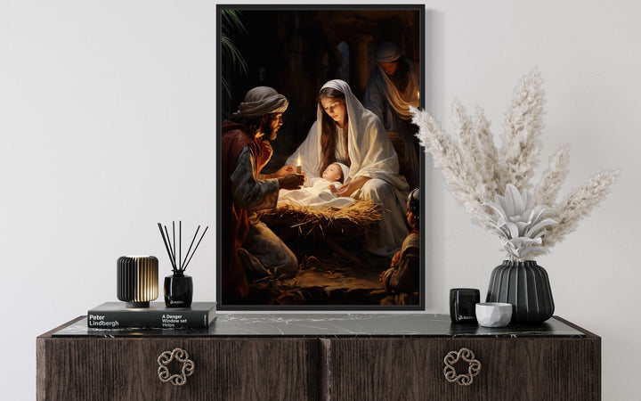 Nativity Birth of Baby Jesus Framed Canvas Wall Art