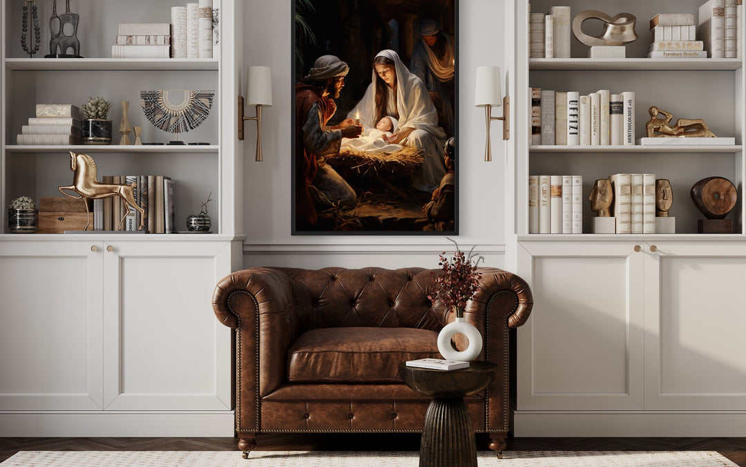 Nativity Birth of Baby Jesus Framed Canvas Wall Art